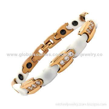 Magnetic Stainless Steel Bracelets with 21-piece CZ Stones, IP Rose Gold Plating and White Ceramic